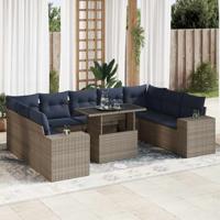 10-delige Loungeset met kussens poly rattan acacia grijs