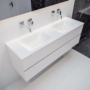 Mondiaz Vica Cloud badmeubel wit mat 150 cm 2 lades solid surface dubbele spoelbak zonder kraangat