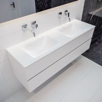 Mondiaz Vica Cloud badmeubel wit mat 150 cm 2 lades solid surface dubbele spoelbak zonder kraangat