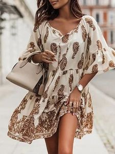 Casual Paisley V neck Loose Three Quarter Dress