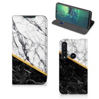 Motorola G8 Plus | Standcase | Marmer Wit Zwart - Origineel Cadeau Man