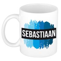 Sebastiaan naam cadeau koffie mok - beker - met blauw verfstrepen - Cadeau collega - vaderdag