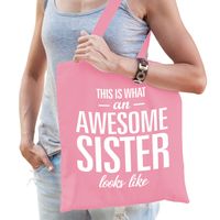 Cadeau tas voor zus - awesome sister - roze - katoen - 42 x 38 cm - thumbnail