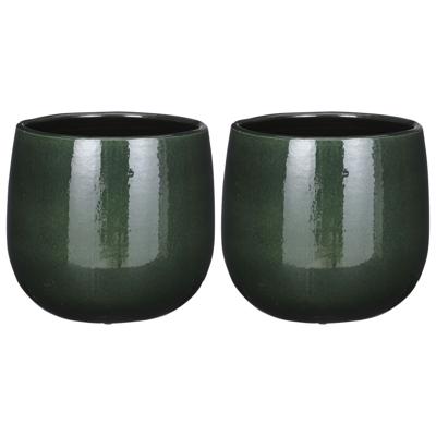 Plantenpot/bloempot keramiek donkergroen speels licht gevlekt patroon - 2x - D21/H19 cm