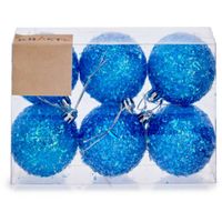 Kerstballen - 6x stuks - blauw glitter - kunststof - 6 cm - thumbnail