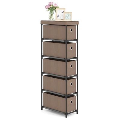 Smalle Commode met 5 Lades & Metalen Frame & Houten Blad Opbergtoren Kledingorganizer Bruin