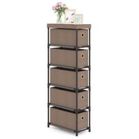 Smalle Commode met 5 Lades & Metalen Frame & Houten Blad Opbergtoren Kledingorganizer Bruin