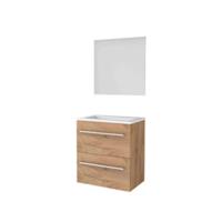 Basic-Line Ultimate 39 Badkamermeubelset - Ondiep - 60 x 39 cm - Met Grepen - 2 Lades - Acryl Wastafel - Zonder Kraangat - Spiegel met Indirecte LED Verlichting - Whisky Oak