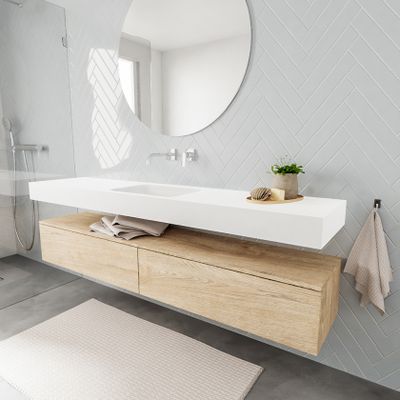 Mondiaz Alan badmeubel 200 cm washed oak 2 lades vrijhangend wastafel midden zonder kraangat wit