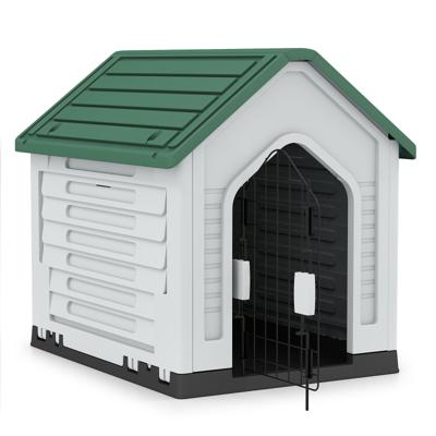 Kunststof Hondenhok Dierenverblijf met Afsluitbare Metalen Deur Ventilatiesleuven & Hellend dak Groen