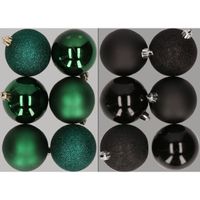 12x stuks kunststof kerstballen mix van donkergroen en zwart 8 cm   - - thumbnail
