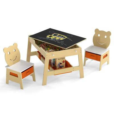 Kindertafel met 2 Stoelen 5-in-1 Schattige Kinderbureau Set met Omkeerbaar Schoolbord/Whiteboard 4 Haken Opbergruimte en Bakjes-Naturel-Model 1
