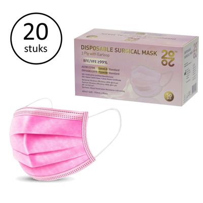 2020 ™ IIR wegwerp Medische Mondkapjes met Oorlussen | EN14644:2015 | 99% Filtratie, Vloeistofbestendig Chirurgisch Mondmaskers 2R - 3 Laags Masker - Roze - 20 stuks