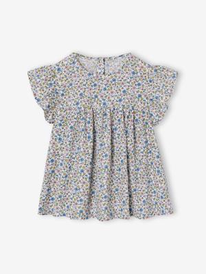 Gebloemde meisjesblouse met korte mouwen en ruches wit, bedrukt