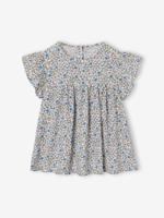 Gebloemde meisjesblouse met korte mouwen en ruches wit, bedrukt