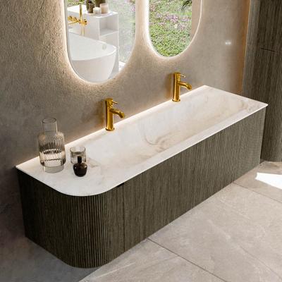 Badmeubel Mondiaz Kurve-Dlux | 145 cm cm | Meubelkleur Shadow | Wastafelkleur Frappe | Solid surface | Wasbak rechter zijde spoelbak | 2 kraangaten