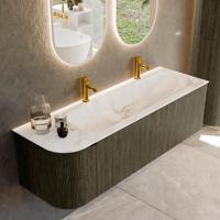 Badmeubel Mondiaz Kurve-Dlux | 145 cm cm | Meubelkleur Shadow | Wastafelkleur Frappe | Solid surface | Wasbak rechter zijde spoelbak | 2 kraangaten