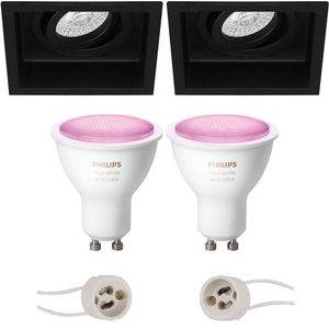Pragmi Domy Pro - Inbouw Vierkant - Mat Zwart - Verdiept - Kantelbaar - 105mm - Philips Hue - LED Spot Set GU10 - White and Color Ambiance - Bluetooth