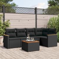 6-delige Loungeset met kussens poly rattan zwart