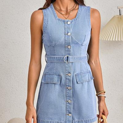 Bon&Bon Light Wash Denim Mini Dress - Sleeveless Belted A-Line XS