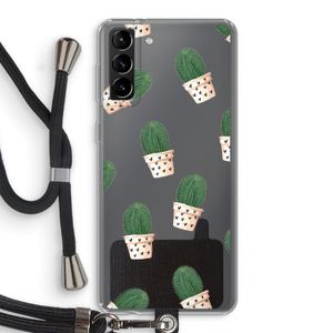 Cactusprint roze: Samsung Galaxy S21 Plus Transparant Hoesje met koord