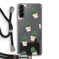 Cactusprint roze: Samsung Galaxy S21 Plus Transparant Hoesje met koord