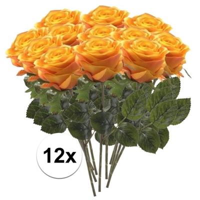 Kunstbloem roos Simone - 12x - geel/oranje - 45 cm - decoratie bloemen