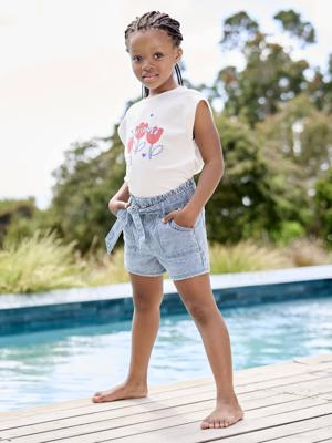 Gestreepte paperbag meisjesshort blauw, gestreept