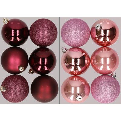 12x stuks kunststof kerstballen mix van aubergine en roze 8 cm