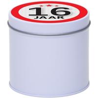 Cadeau koek of snoep blik - met 16 jaar opdruk sticker - 10 x 10 cm - Cadeauverpakking verjaardag