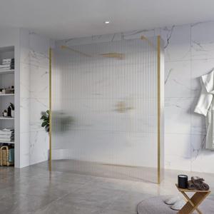Fortifura Galeria Vrijstaande Inloopdouche - 180x200cm - Helder geribbeld - antikalk - 8mm veiligheidsglas - 2 zijwanden 30cm - wandsteunen en hoekprofielen - Geborsteld Messing PVD (Goud) SW927770 2x/SW797957/SW797945 2x/SW798731 2x