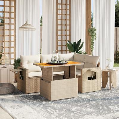 5-delige Loungeset met kussens poly rattan beige