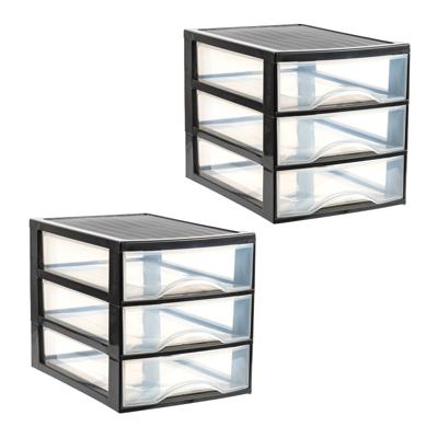 Ladekastje bureau organizer - 2x - 3 lades - zwart/transparant - H27 x B25,5 x D35 cm - kunststof