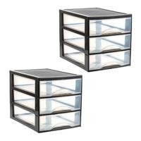 Ladekastje bureau organizer - 2x - 3 lades - zwart/transparant - H27 x B25,5 x D35 cm - kunststof
