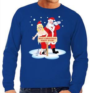 Foute kersttrui blauw met een dronken kerstman en zijn vrouw voor heren 2XL (56)  -