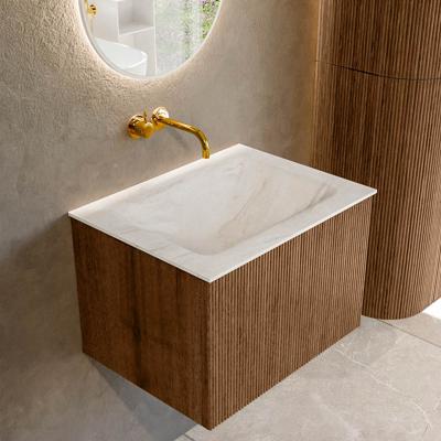 Mondiaz KURVE-DLUX 60 cm Onderkast Greeploos 1 Lade Zonder Deuren Walnut, Wastafel Solid Surface Midden Ostra 0 Kraangaten Zonder Spiegel (KRVCLO601L0D0KM-Wal/Ost)