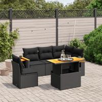 6-delige Loungeset met kussens poly rattan zwart