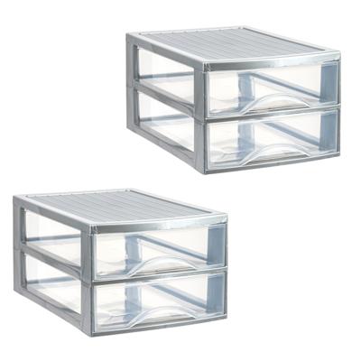 Ladekastje bureau organizer - 2x - 2 lades - zilver/transparant - L26 x B35 x H19 cm - kunststof