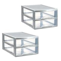 Ladekastje bureau organizer - 2x - 2 lades - zilver/transparant - L26 x B35 x H19 cm - kunststof