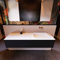 Badkamermeubelset Mondiaz Erin 150 cm met 1 Lade met RIDGE Wastafel Rechts Talc Zonder Kraangaten Greeploos Mat Urban