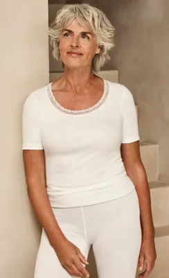 Dames thermo shirt korte mouw - Kant - Warm thermo ondergoed dames - Diepe hals