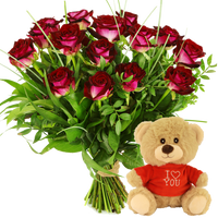 Rode rozen bezorgen + kleine knuffel i love you met rood shirt