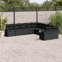 10-delige Loungeset met kussens poly rattan zwart