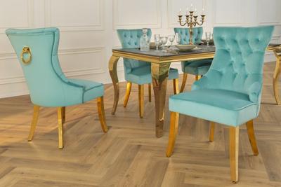 Chesterfield Stoel CASTLE Blauw fluweel gouden roestvrijstalen poten met comfortabele handgreep - 45844