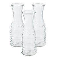 3x stuks karaffen/schenkkannen 1 liter van ribbel glas met uitlopende hals