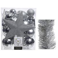 Kerstversiering kerstballen 5-6-8 cm met ster piek en folieslingers pakket zilver van 35x stuks - Kerstbal - thumbnail