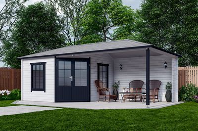 Interflex 3555Z Blokhut 350x350 met overkapping 350 cm 40 mm vuren gecoat- Puntdak- Hout- Interflex