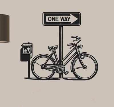 Eenrichtingsverkeersbord met fiets woonkamer muursticker