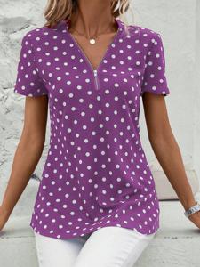 Women's Short Sleeve Shirt Summer Dark Blue Polka Dots Zipper V Neck Going Out Top