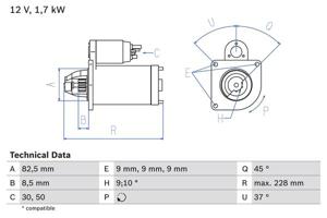 Startmotor / Starter BOSCH, Spanning (Volt)12V, u.a. für Saab, Opel, Fiat, Lancia, Vauxhall, Alfa Romeo